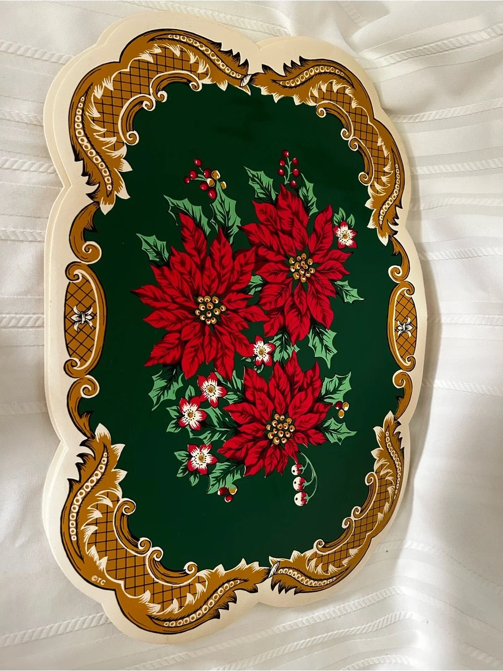 Vintage Set of 4 Christmas Pointsettia Vinyl Placemats Holiday Decor Table Gold
